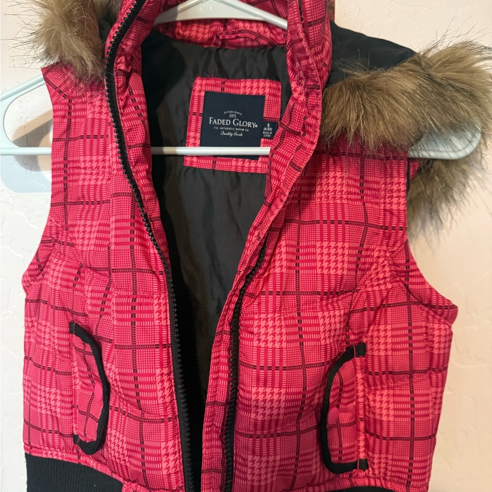 Faded Glory Pink Plaid Vest with Faux Fur Hood